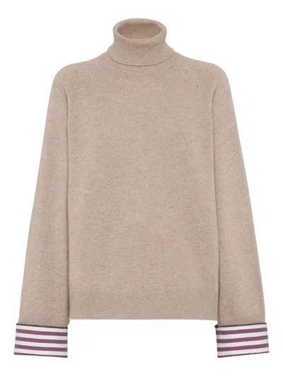 Brunello Cucinelli Light Brown Cashmere Turtle-neck Sweater In Neutral