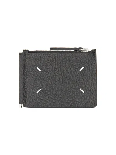 Maison Margiela Textured Black Leather Card Holder With Logo In Black