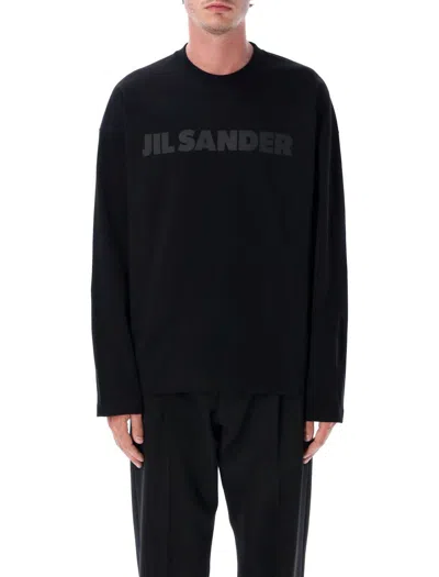 Jil Sander Men Black Long Sleeve T-shirt With Front Logo Print In Cotton Man