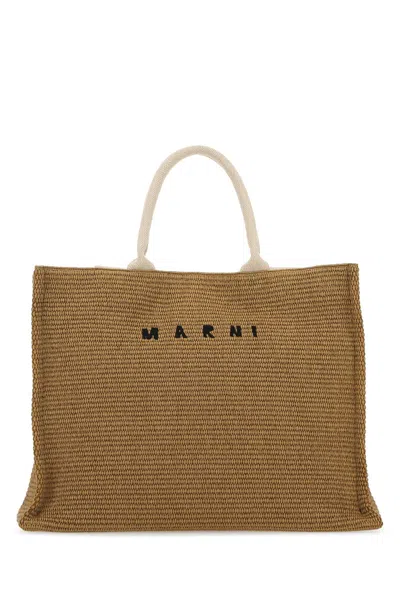Marni Raffia-effect Canvas Small Tote Bag In Brown