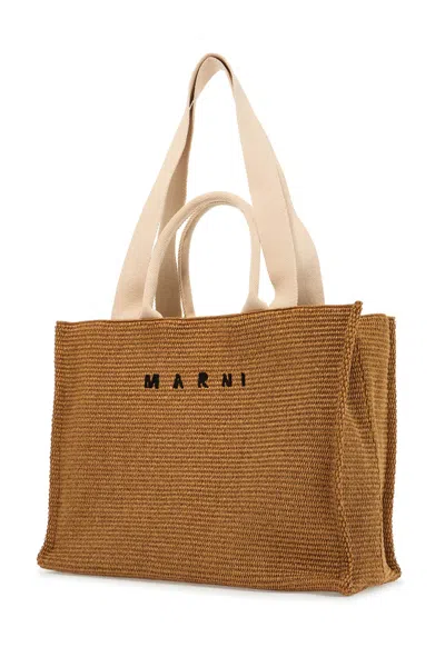 Marni Raffia-effect Canvas Small Tote Bag In Brown