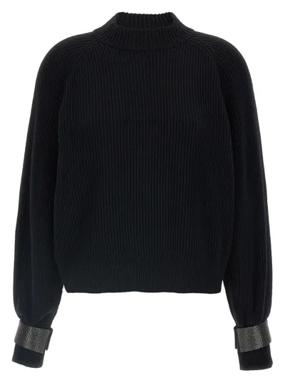 Brunello Cucinelli Ribbed High Neck Sweater With Cuffed Sleeves In Blue