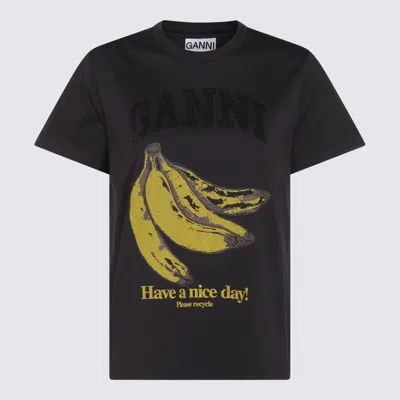 Ganni Crew-neck Cotton T-shirt With Banana Print In Black