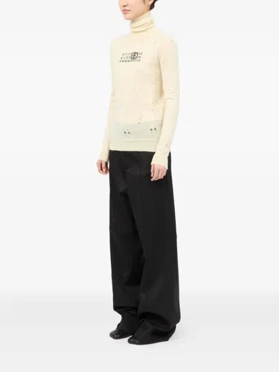Mm6 Maison Margiela Mm6 By Maison Margiela High-neck Cream Wool Pullover With Numeric Logo In White