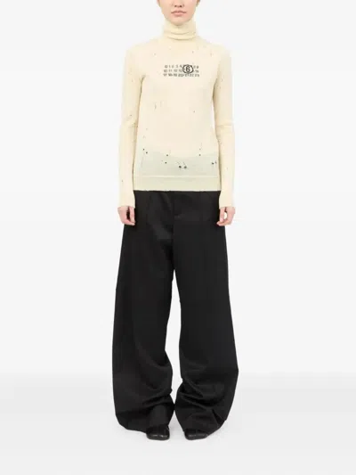 Mm6 Maison Margiela Mm6 By Maison Margiela High-neck Cream Wool Pullover With Numeric Logo In White