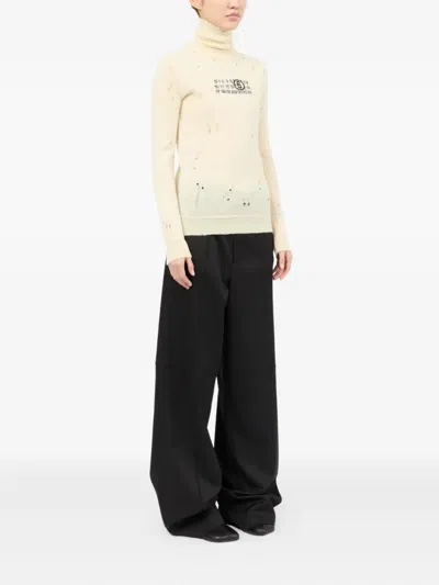 Mm6 Maison Margiela Mm6 By Maison Margiela High-neck Cream Wool Pullover With Numeric Logo In White