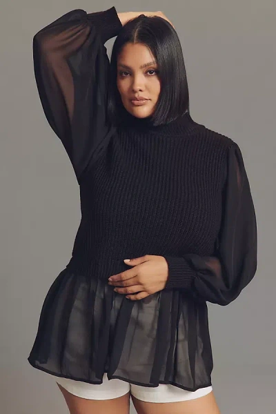 Eloquii Plus Ribbed Turtleneck Chiffon Twofer Sweater