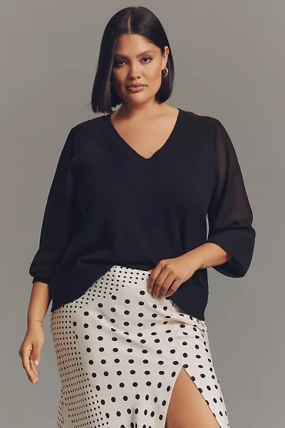 Eloquii Plus Chiffon-sleeve V-neck Sweater