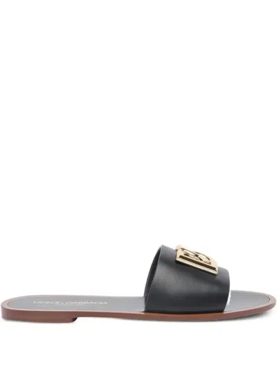 Dolce & Gabbana Black Calf Leather Bianca Slides