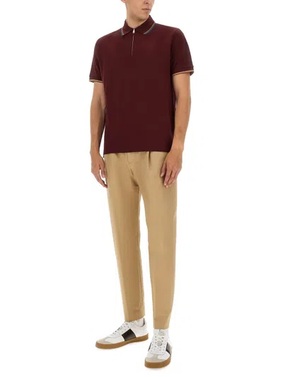 Paul Smith Signature Stripe Trim Zip Polo Shirt In Brown