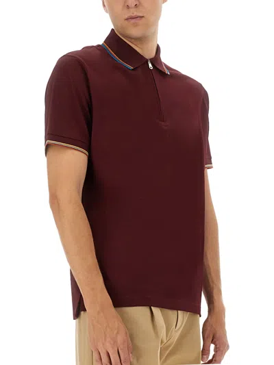Paul Smith Signature Stripe Trim Zip Polo Shirt In Brown