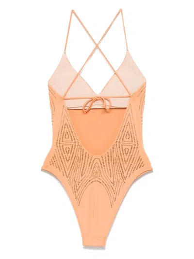 Pin Up Stars Solid Color One-piece Swimsuit With Rhinestones In Orange