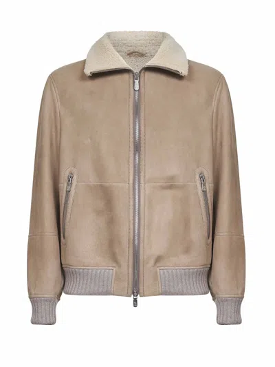 Brunello Cucinelli Beige Suede Curly Shearling Bomber Jacket