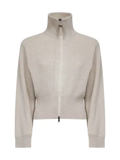 Brunello Cucinelli Beige Sparkling Knit Zip-up Cardigan