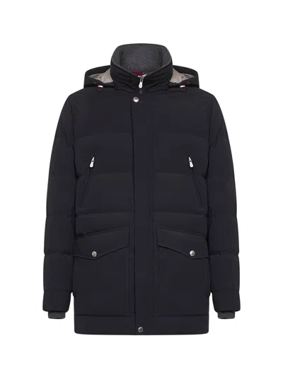 Brunello Cucinelli Men Knit Insert Down Jacket In Blue