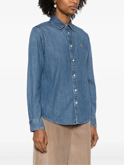 Polo Ralph Lauren Long Sleeve Button Front Shirt In Blue