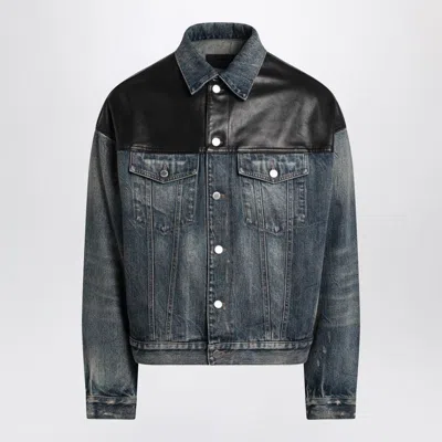 Prada Blue Denim And Black Leather Jacket Men In Blue