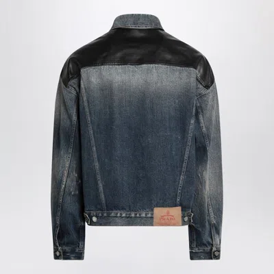 Prada Blue Denim And Black Leather Jacket Men In Blue