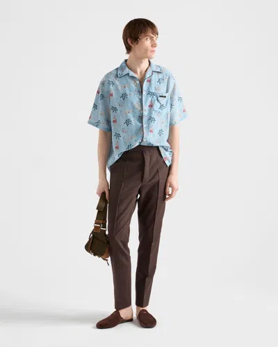Prada Satin Shirt With Printed Design And Pocket In Blue