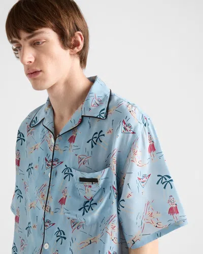 Prada Satin Shirt With Printed Design And Pocket In Blue