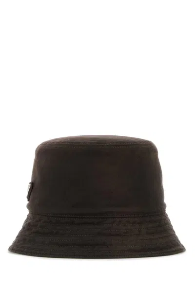 Prada Cotton Bucket Hat Stitched Brim In Brown