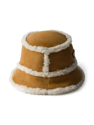Prada Suede Shearling Bucket Hat In Brown