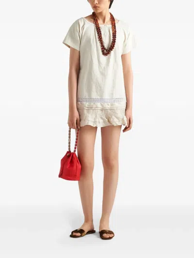 Prada Womens Neutral Embroidered Lace-trim Linen Mini Dress In White