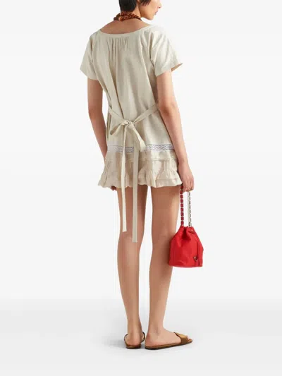 Prada Womens Neutral Embroidered Lace-trim Linen Mini Dress In White