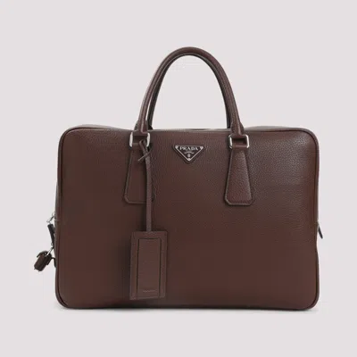 Prada Textured Leather Briefcase With Polished Hardware In Brown