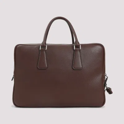 Prada Textured Leather Briefcase With Polished Hardware In Brown