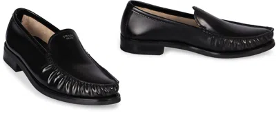 Prada Polished Leather Flat Shoes In Black