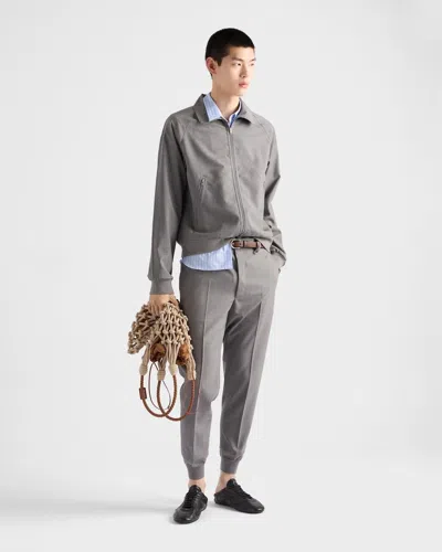 Prada Mens Grey Logo-embroidered Tapered-leg Wool Jogging Bottoms