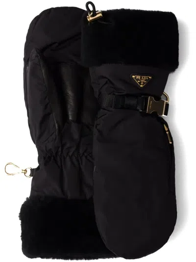 Prada Re-nylon And Shearling Mittens In Black