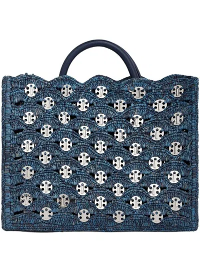 Rabanne Denim Blue Tote Bag In Rafia