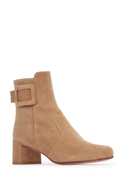 Roger Vivier Suede Buckle Block Heel Ankle Bootie In Neutral