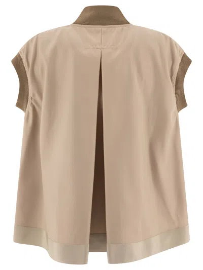 Sacai Twill Nylon Vest Jacket With Short Sleeves In Brown