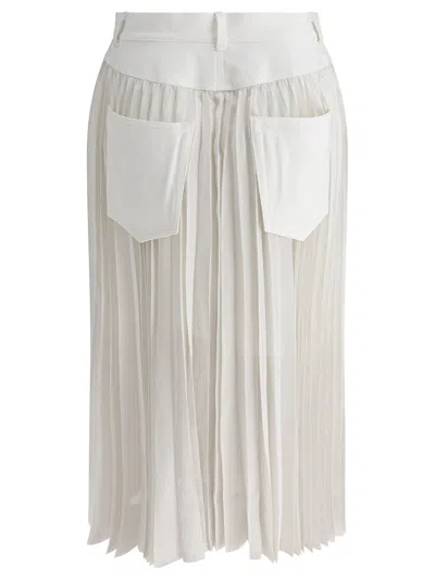 Sacai Belted Denim-trimmed Pleated Satin Midi Wrap Skirt In White