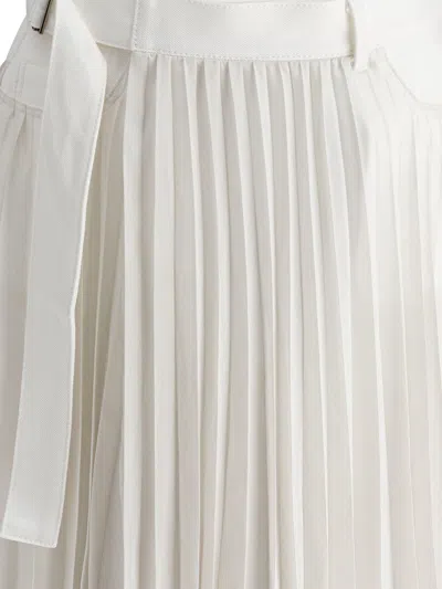 Sacai Belted Denim-trimmed Pleated Satin Midi Wrap Skirt In White