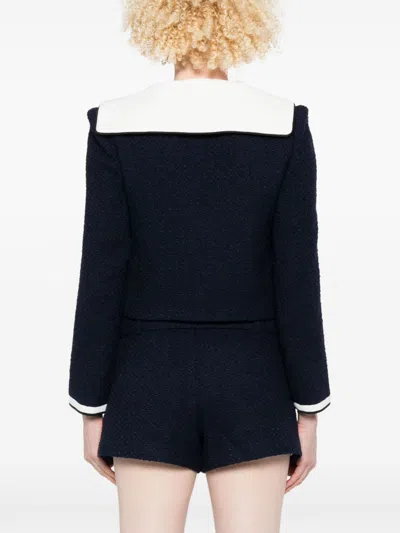 Self-portrait Belted Waist Short Jacket With Stripe Trim In Blue