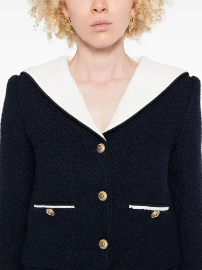 Self-portrait Belted Waist Short Jacket With Stripe Trim In Blue