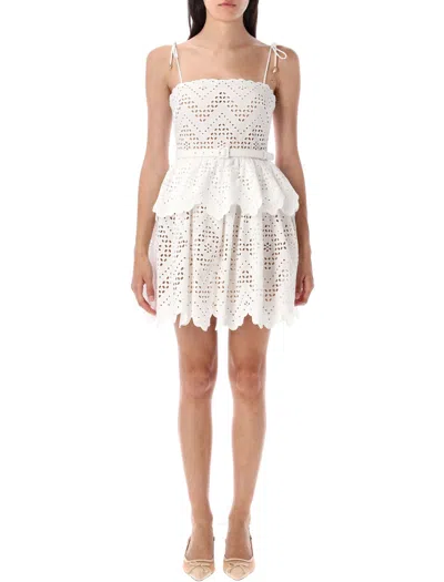 Self-portrait Belted Scalloped Broderie Anglaise Cotton-voile Mini Dress