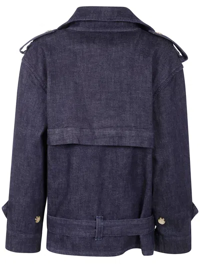 Self-portrait Double-breasted Denim Trench Jacket In Blue
