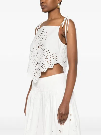 Self-portrait White Top With Asymmetric Hem And All-over Embroidery In Cotton Woman