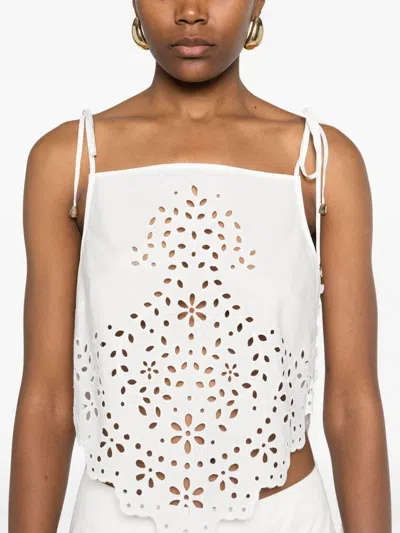 Self-portrait White Top With Asymmetric Hem And All-over Embroidery In Cotton Woman