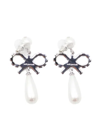 Self-portrait Bow Drop Earrings With Pearl And Crystal In Metallic