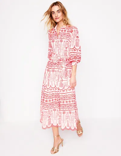 Boden Clara Broderie Shirt Dress Poppy Red, Parrot Broderie  In Pink