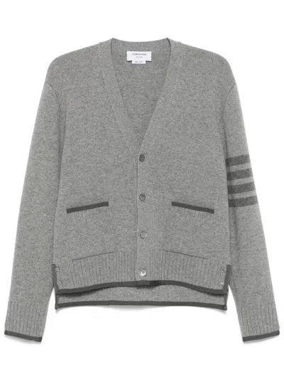 Thom Browne Grey Cardigan With V Neck And Striped Detail On The Sleeve In Wool Man