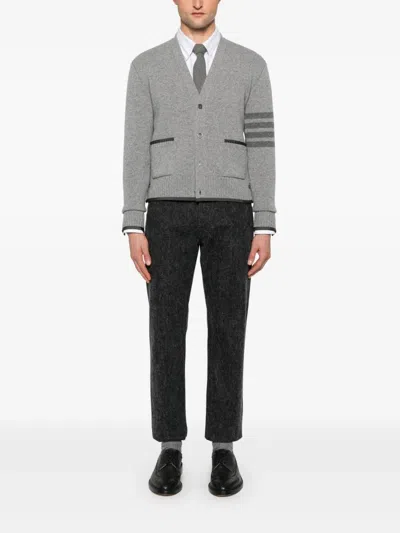 Thom Browne Grey Cardigan With V Neck And Striped Detail On The Sleeve In Wool Man