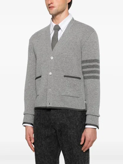 Thom Browne Grey Cardigan With V Neck And Striped Detail On The Sleeve In Wool Man