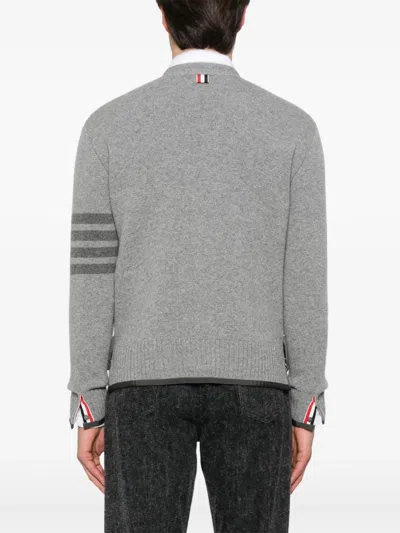 Thom Browne Grey Cardigan With V Neck And Striped Detail On The Sleeve In Wool Man